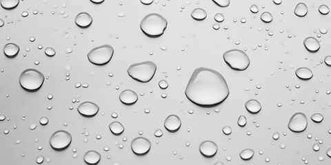 Canvas Print - Abstract close-up of gray background with various clear water droplets scattered, highlighting smooth texture and reflecting light elegantly.