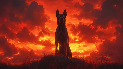Naklejka na meble Fiery sunset sky, a majestic dog sits on a hilltop, gazing intensely.