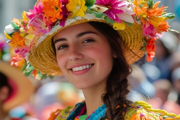 Wall Mural - Smiling dancer wearing colorful flower crown and traditional costume