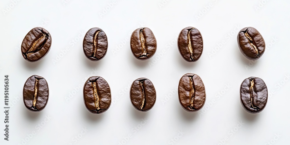 Coffee beans neatly arranged in two horizontal rows on a clean white ...