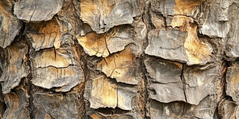 Closeup of textured palm tree bark in earthy tones of gray and brown with rough, uneven surfaces displayed prominently against neutral backdrop.