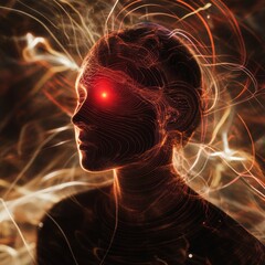 Aufkleber - Person surrounded by swirling lines and abstract shapes reflecting a blend of technology and creativity in a surreal representation. Generative AI