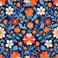 Vibrant Folk Art Inspired Seamless Floral Pattern, Featuring Red and Blue Flowers, on a Rich Navy Background