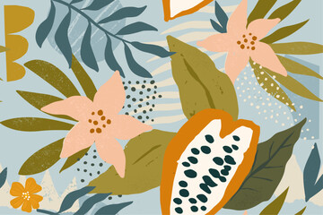 Wall Mural - Collage contemporary floral seamless pattern. Modern exotic jungle Cocoa beans, flowers and plants illustration in vector.