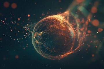 Fototapete - Digital globe adorned with glowing lines and points in a dynamic cosmic environment. Generative AI