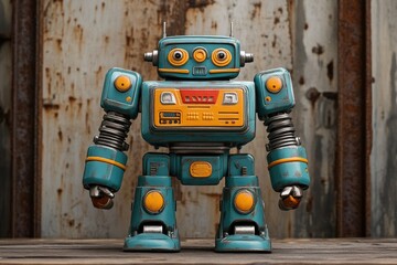 Poster - Vintage robot standing against rusty metal background