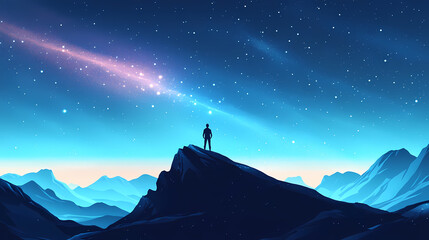 Wall Mural - landscape with milky way galaxy, night sky with stars and silhouette of man standing top mountain. g