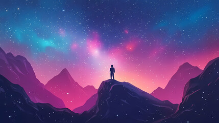 Wall Mural - landscape with milky way galaxy, night sky with stars and silhouette of man standing top mountain. g