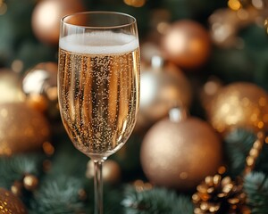 Sparkling champagne in flute glass among festive ornaments.