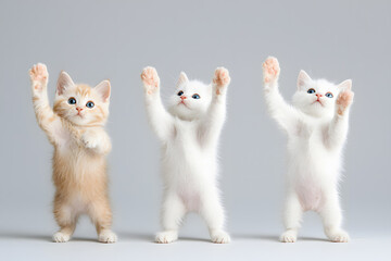 Wall Mural - Group of adorable white and ginger kittens sitting in a row