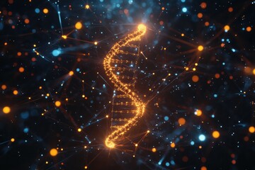 Aufkleber - Glowing DNA double helix illuminated by molecular connections in a vibrant abstract setting. Generative AI