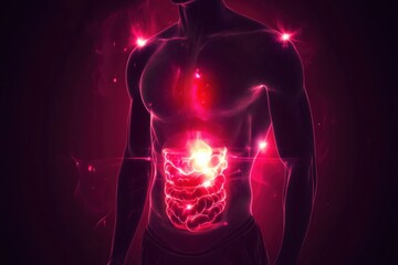 Poster - Glowing human torso with luminous red focal point in abdominal area showcasing inner anatomy and energy. Generative AI