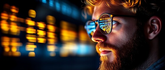 Focused man with glasses, code reflected.