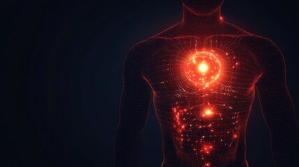 Poster - Glowing human torso with a vibrant red focal point highlighting the stomach region in a dark environment. Generative AI