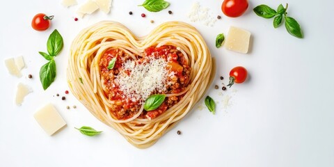 Poster - Heart-shaped spaghetti Bolognese with tomato sauce, parmesan, and basil, garnished with cherry tomatoes on a white background, vibrant colors.