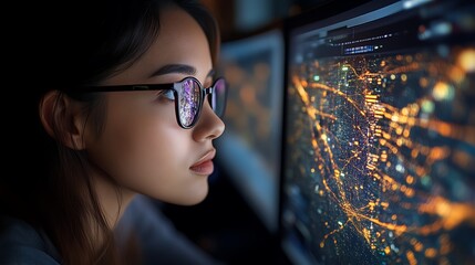 Woman programmer looking at city map on screen.