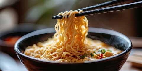 Poster - Steaming bowl of delicate egg noodles held by chopsticks, with a warm, soft background highlighting savory ingredients in a rich broth.