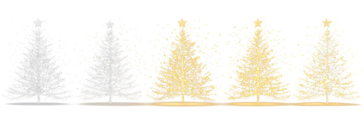 Wall Mural - Set of shiny Christmas tree. Glittering lights in the form of a Christmas tree with bright shining. Christmas light effect. Golden glowing spruce. PNG image
