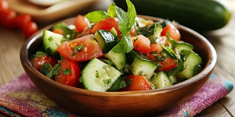 Wall Mural - Fresh cucumber and tomato salad with mint on a wooden table vibrant napkin in background ample copy space colorful ingredients close up view