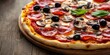© Nijat - Rustic wooden table featuring a close-up of Italian pizza topped with salami, mushrooms, olives, and fresh basil in vibrant colors