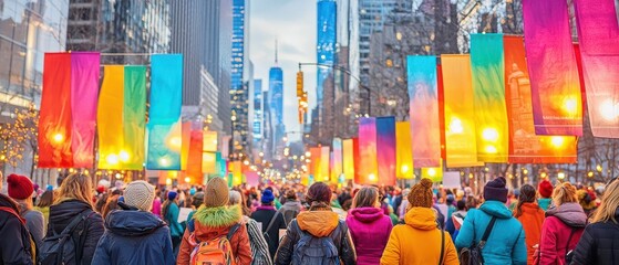 A vibrant rally with women advocating for historical and modern rights, glowing banners celebrating advocacy milestones