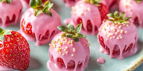 Wall Mural - Pink glazed strawberries with colorful sprinkles arranged on a light blue platter surrounded by fresh strawberries for a vibrant snack display