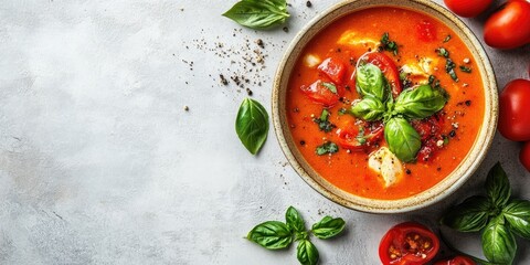 Poster - Top down view of vibrant tomato soup with chicken and vegetables in a bowl garnished with basil surrounded by cherry tomatoes on a light concrete background