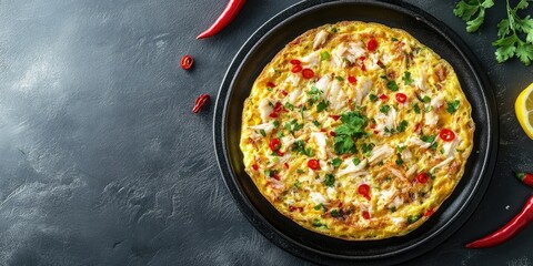 Poster - Thai-style crab omelette with red chili and fresh herbs on a black frying pan atop a gray background vibrant green and red colors in arrangement