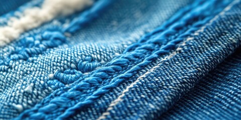 Closeup of denim fabric with intricate blue embroidery texture prominently displayed on the left side rich blue tones ideal for fashion designs