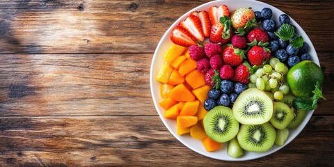 Wall Mural - Vibrant plate of fresh fruits including strawberries blueberries kiwi and mango on a rustic wooden table with natural light and shadows 150 characters