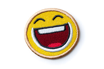 Wall Mural - Smiling laugh mouse embroidered patch badge, isolated on white background.