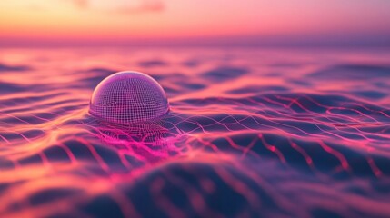 Wall Mural - transcendent serenity: a glowing sphere floating above tranquil ocean waves at sunset, capturing eth