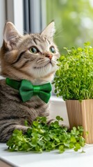 Wall Mural - Cat in a green bow tie sits by potted herbs on a sunny windowsill enjoying a peaceful moment surrounded by fresh greenery