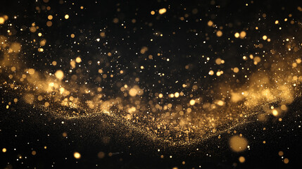 Wall Mural - Golden Stardust: Abstract image of shimmering golden particles floating and swirling in a dark space, creating a magical and ethereal effect.