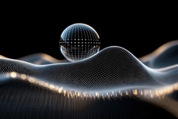 Wall Mural - abstract futuristic landscape with a glass sphere on flowing waves and light trails in a dark backgr