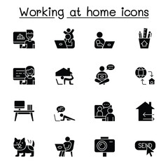 Poster - Work from home icons set in thin line style