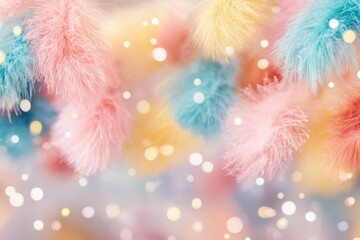Wall Mural - colorful fluffy decorations with soft pastel feathers and sparkling bokeh lights perfect for festive