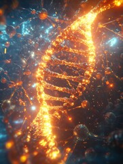 Poster - Glowing DNA double helix surrounded by vibrant molecular connections in a colorful digital scene. Generative AI