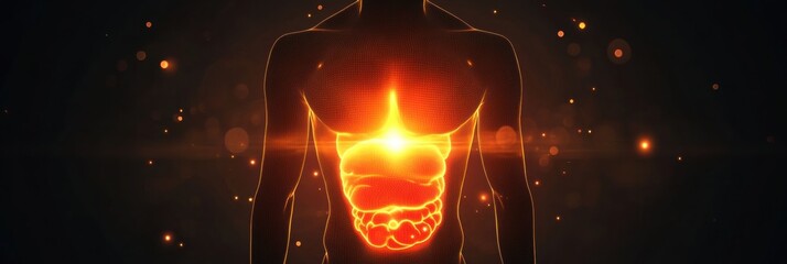 Poster - Glowing human torso with intense red focal point illuminating the stomach region in a dark environment. Generative AI