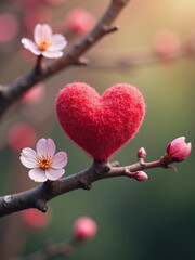 Wall Mural - small heart grows on tree branch amidst blooming flowers and blurred bokeh background with subtle de