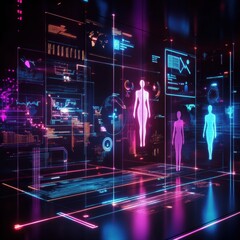 Poster - Digital avatars interact in a high tech workspace illuminated by vibrant colors and display screens showcasing data analytics. Generative AI