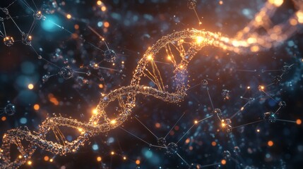 Poster - Glowing DNA double helix illuminated by molecular connections in a vibrant abstract environment. Generative AI