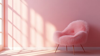 Wall Mural - A fluffy pink chair bathed in sunlight creates a serene and minimalist scene