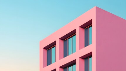 Wall Mural - Minimalist Pastel Office Building with Clean Architecture under Sunset Sky