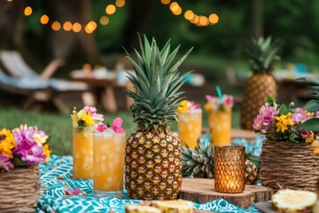 Summer picnic with tropical drinks and pineapples in a vibrant outdoor setting surrounded by decorations. Generative AI