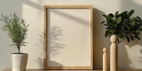 Poster - Wooden frame and figures alongside potted plant on a wooden table, soft sunlight casting shadows on a neutral wall in a cozy living space