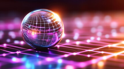 Wall Mural - futuristic digital sphere on vibrant neon grid background with glowing effects and light reflections