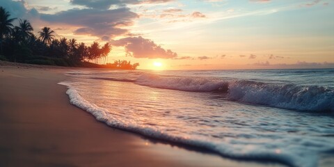 Wall Mural - serene sunset view at southern beach with vibrant orange and pink hues reflecting on calm waves gent