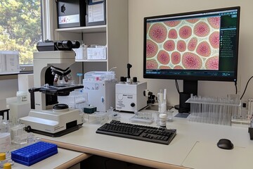 Leinwandbilder - Advanced laboratory setting showcasing microscopes, test tubes, and computer displaying bacterial visuals in a scientific environment. Generative AI