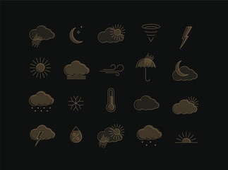 Wall Mural - weather app icons for web drawing in linear style on black background